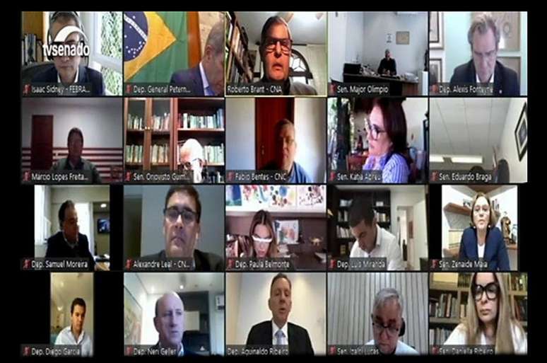 Reunião virtual da comissão da reforma tributária, em que deputados e senadores ouvem representantes da agricultura, comércio, seguros e bancos