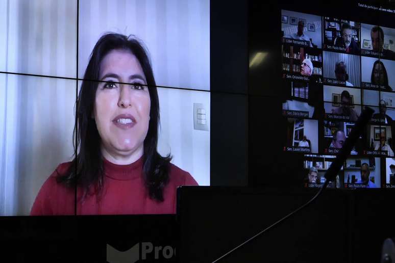 A senadora Simone Tebet durante a votação da medida nesta quinta, 27.