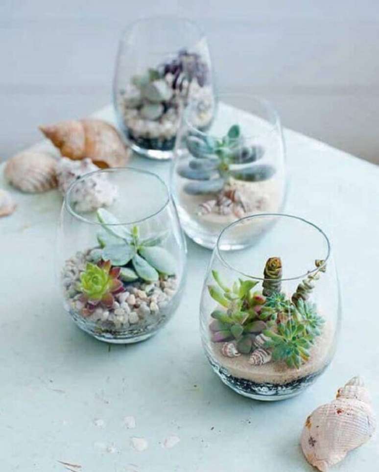 13. Utilize copos para formar o mini terrário de suculentas. Fonte: Pinterest