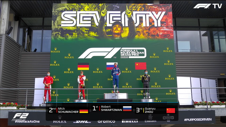 O p&oacute;dio da corrida 2, com Robert Shwartzman no degrau mais alto 