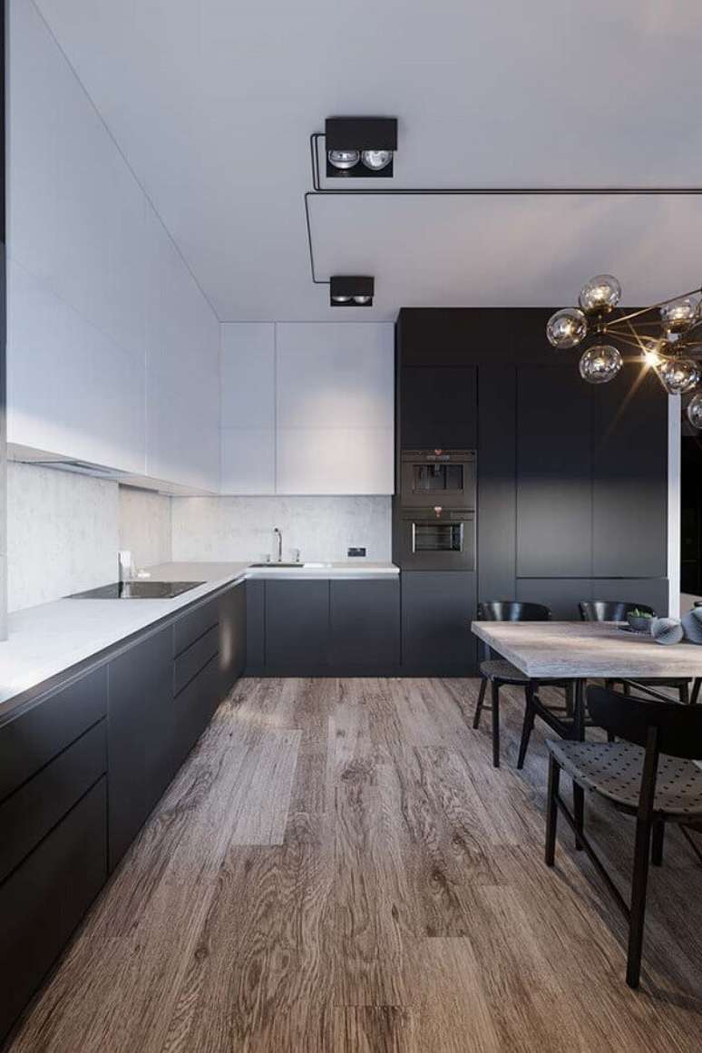13. Decora&ccedil;&atilde;o moderna com arm&aacute;rio de cozinha branco e preto planejado &ndash; Foto: Behance