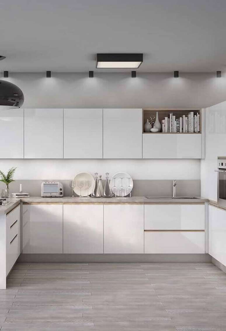 24. Decora&ccedil;&atilde;o clean para cozinha clara com arm&aacute;rio branco de cozinha &ndash; Foto: Ideias Decor