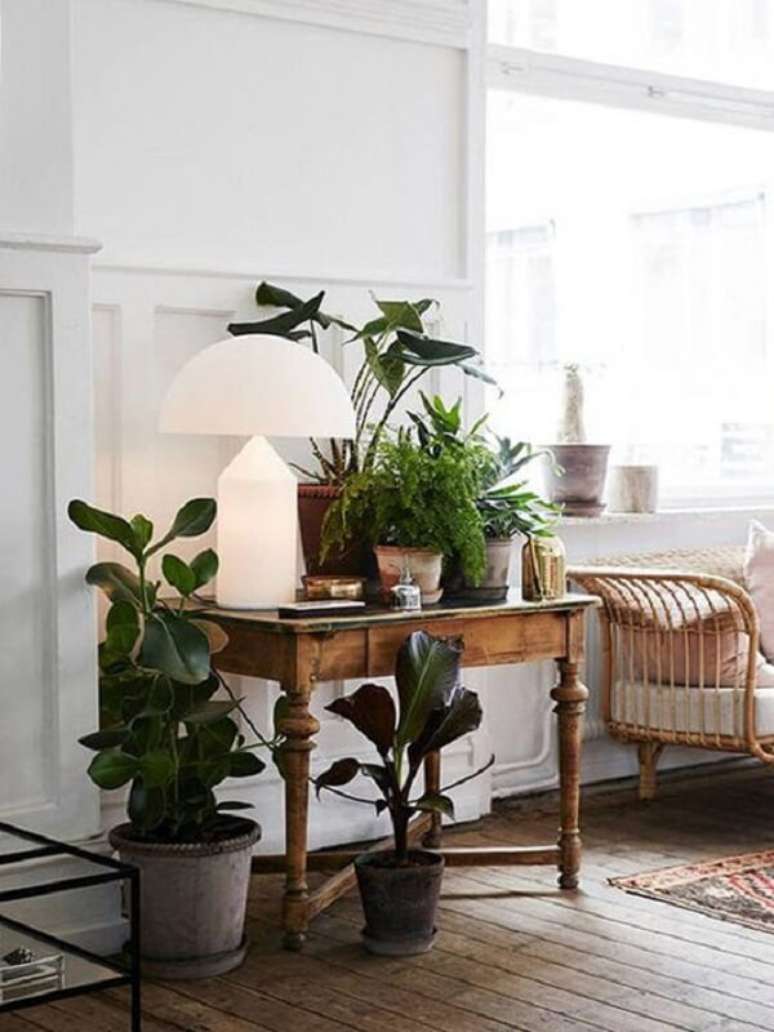 10- As plantas para sala tem vasos cer&acirc;micos e decora a mesa r&uacute;stica Fonte: Meu Estilo Decor