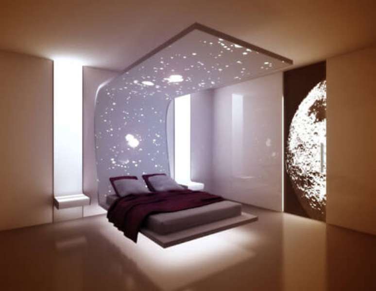 2. Cama flutuante no quarto iluminado – Via: Los Arys