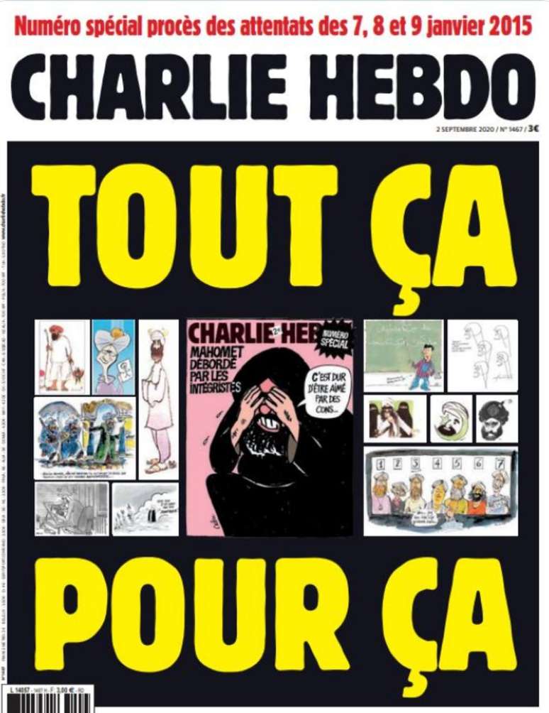 Edição do Charlie Hebdo decidiu republicar as caricaturas de Maomé. Em tradução livre: 'Tudo isso. Por isso'