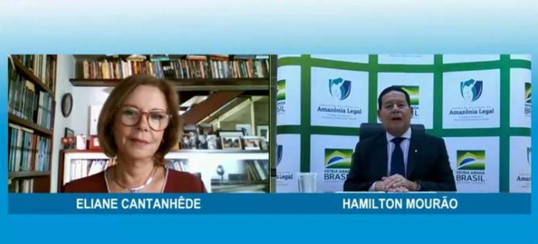 Vice-presidente da República, Hamilton Mourão, fala com a colunista Eliane Cantanhêde, em evento sobre retomada verde