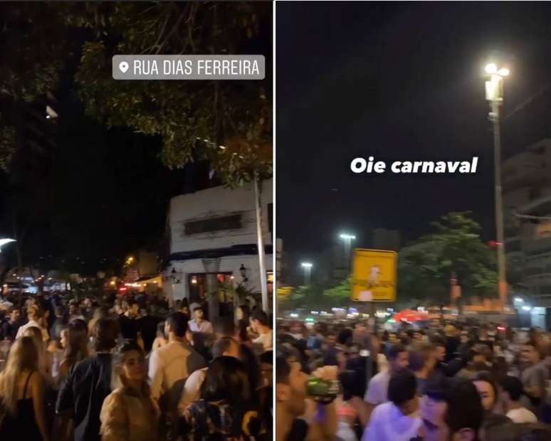 Vídeos compartilhados no Instagram com a localização da rua Dias Ferreira mostram clima de carnaval