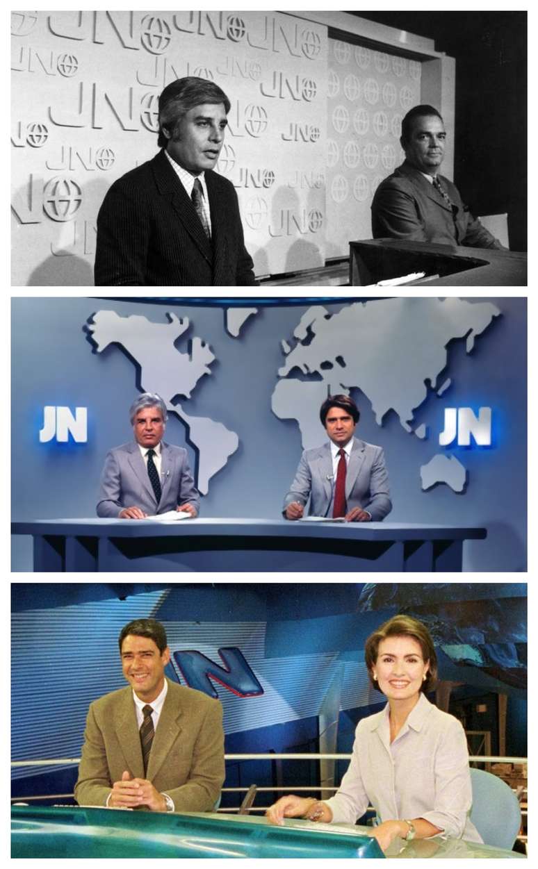 A primeira dupla do JN, Cid Moreira e Hilton Gomes, em 1969; Cid e Sergio Chapelin no início da década de 1980; Bonner e Fátima Bernardes no começo dos anos 2000 