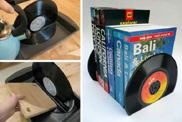 8. Passo a passo de como fazer aparador de livros com disco de vinil. Fonte: Pinterest