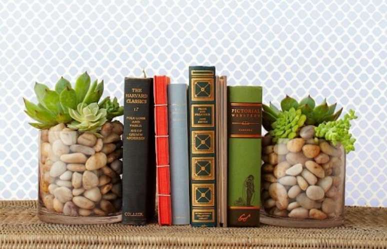 24. O copo de Whisky com plantinhas se transforma em um criativo aparador de livros para sala. Fonte: Pinterest