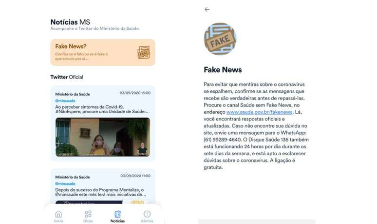 A aba de notícias do "Coronavírus SUS" traz as últimas informações compartilhadas pelo Ministério da Saúde pelo Twitter. Por essa aba também é possível acessar a página de combate a fake news do órgão.