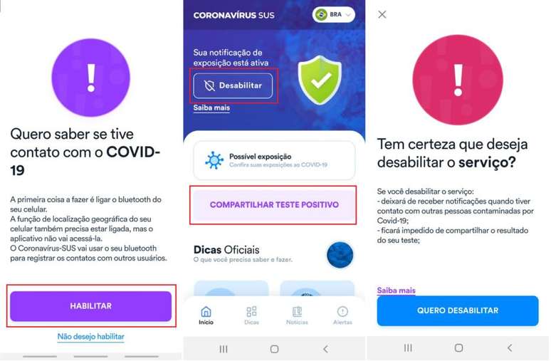 Para ativar a função de monitoramento de exposição a alguém infectado pela covid-19, basta ir à página inicial do aplicativo e clicar em "Habilitar". Leia as instruções e clique em "Habilitar" novamente. Para desativar a função, basta ir à página inicial e clicar em "desabilitar" e, em seguida, em "Quero desabilitar". Enquanto a funcionalidade estiver ativa, é possível compartilhar com outros usuários o seu teste positivo.