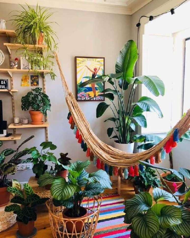 12. Os detalhes coloridos da rede de descanso pequena deixou o cantinho com várias plantas ainda mais bonito – Foto: Pinterest