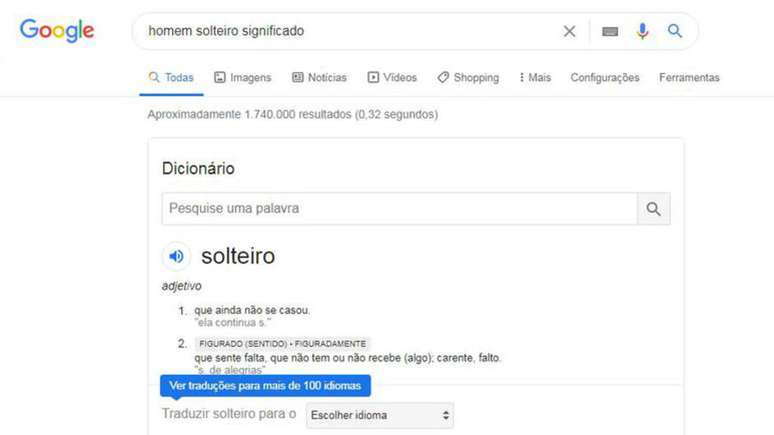 Resultado da busca pelo termo 'homem solteiro significado' no Google