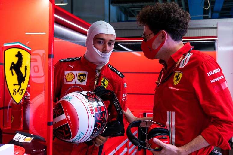 Charles Leclerc e Mattia Binotto no sábado do GP da Itália de F1 