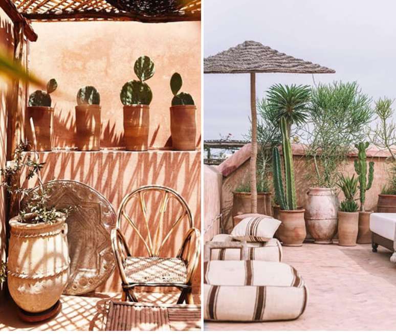 6. Tons terrosos, vasos de barro e cactos realçam ainda mais a decoração marroquina no ambiente. Fonte: Armelle Habib e Kitula Marrakesh
