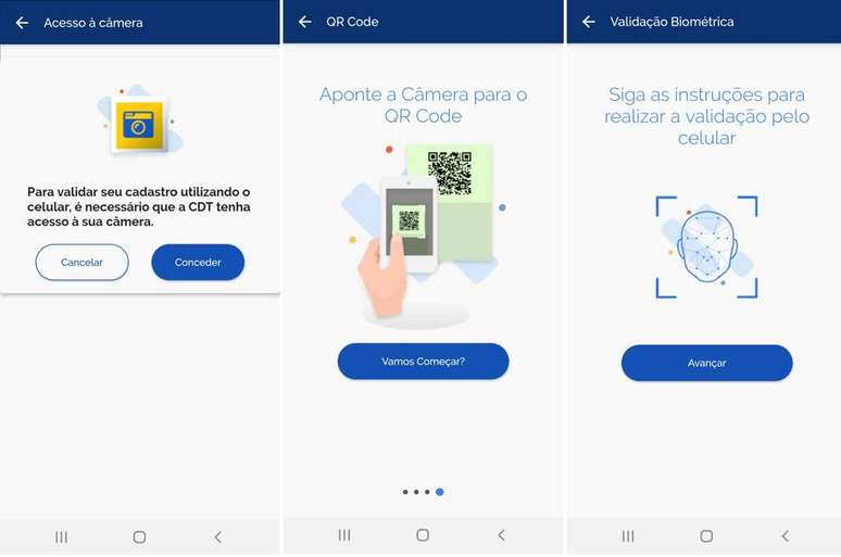 Passo 3: Para validar e solicitar a CNH Digital pelo aplicativo no celular, &eacute; preciso realizar prova de vida com reconhecimento facial. Toque em "Conceder" para autorizar o aplicativo a usar a c&acirc;mera. Em seguida, pegue sua Carteira de Habilita&ccedil;&atilde;o f&iacute;sica, abra-a e toque em "Vamos come&ccedil;ar?" no aplicativo para ler o QR Code na parte interna do documento. A seguir, siga as instru&ccedil;&otilde;es do aplicativo para realizar o reconhecimento facial.