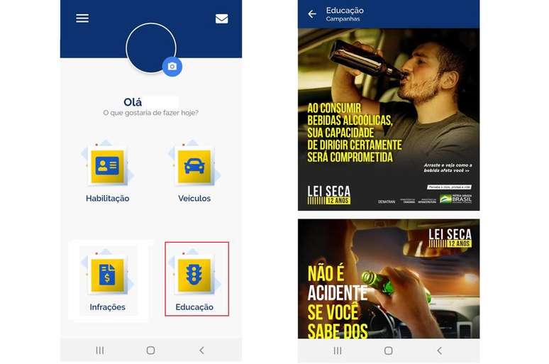 Na aba "Educa&ccedil;&atilde;o", est&atilde;o dispon&iacute;veis camapanhas de educa&ccedil;&atilde;o no tr&acirc;nsito, como n&atilde;o beber alcoolizado.
