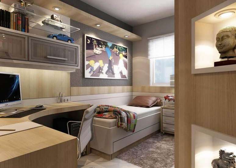 55. M&oacute;veis para quarto sob medida pequeno de solteiro com escrivaninha de canto &ndash; Foto: Jeito de Casa