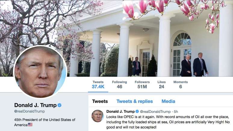Imagem de página do presidente dos EUA, Donald Trump, no Twitter. 20/4/2018.  @realDonaldTrump/Handout via REUTERS 