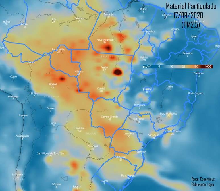 Mapa mostra concentração de material particulado no país