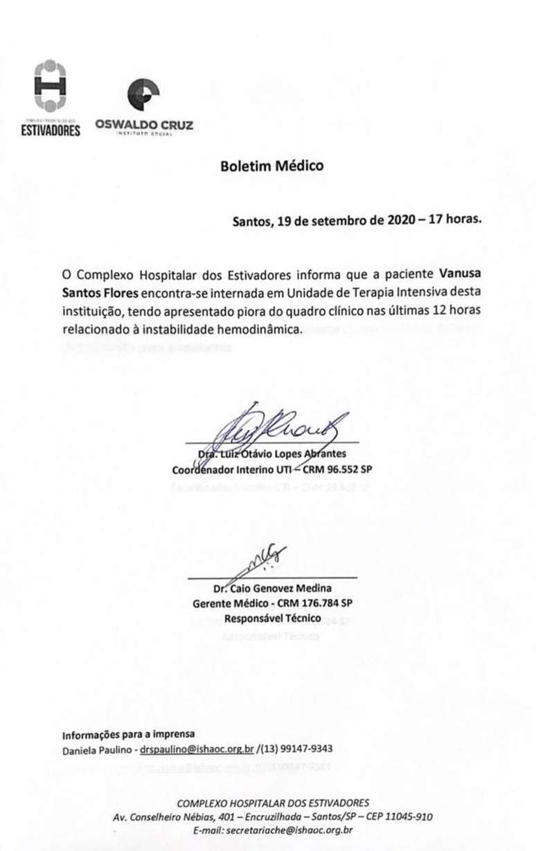 Boletim m&eacute;dico do estado de sa&uacute;de da cantora Vanusa, divulgado neste s&aacute;bado (19)