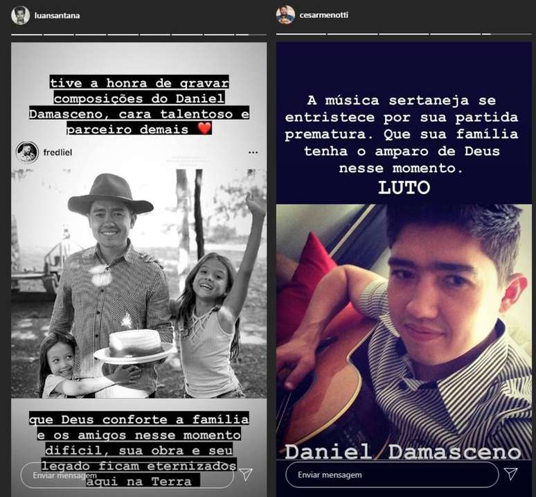 Stories de Luan Santana e César Menotti em homenagem a Daniel Damasceno no Instagram
