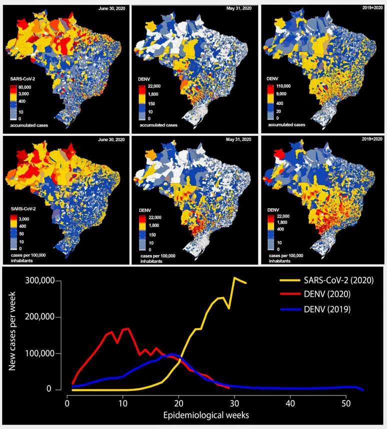 Comparação entre distribuição geográfica de casos de Covid-19 e sua incidência até 30 de junho de 2020 e de casos de dengue e incidência no Brasil até 31 de maio de 2020; e soma de todos os casos de dengue e incidência de 2019 até 31 de maio de 2020 
UFPB/via REUTERS