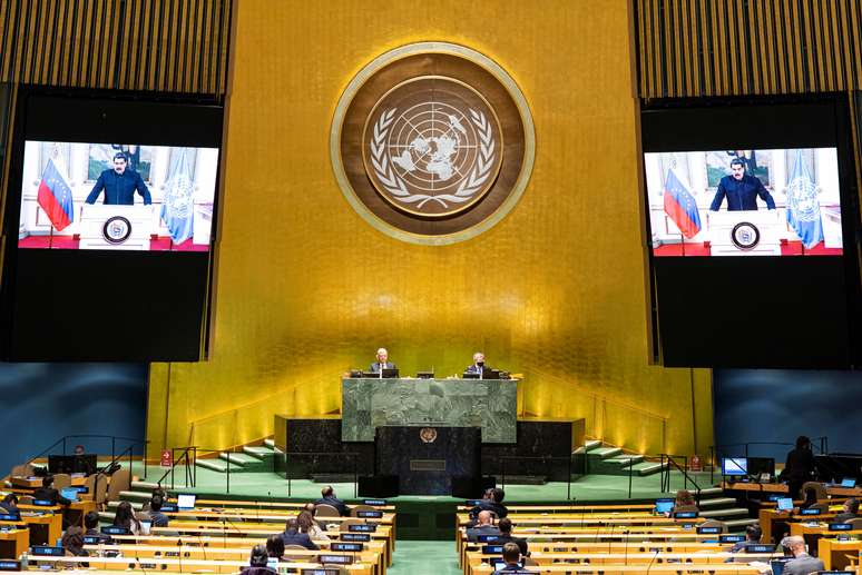 Presidente da Venezuela, Nicolas Maduro, discursa virtualmente durante sessão geral das Nações Unidas. 23/9/2020.  United Nations/Handout/via REUTERS 