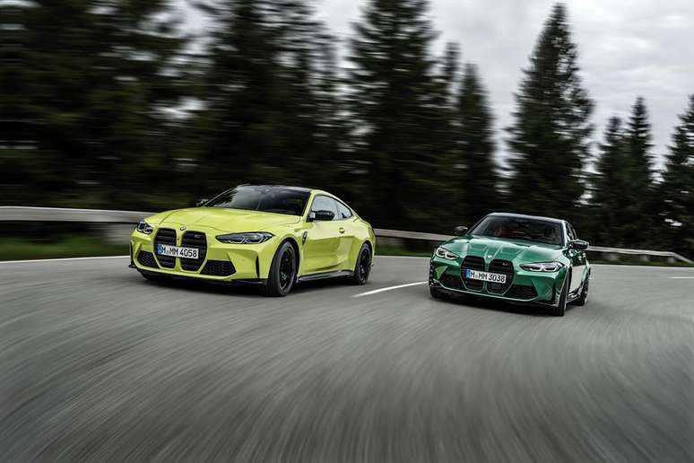 Novos BMM M4 Coupé (amarelo) e M3 Sedan (verde): condução esportiva clássica.