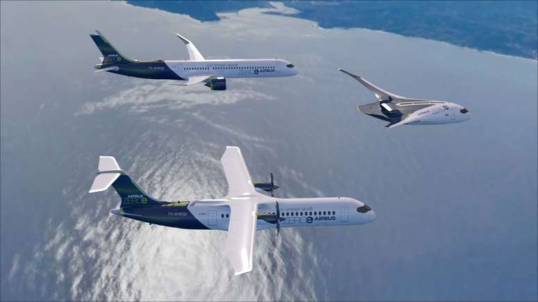 Os três conceitos de aeronaves desenvolvidos pela Airbus com a intenção de alcançar o primeiro voo com zero emissão de carbono