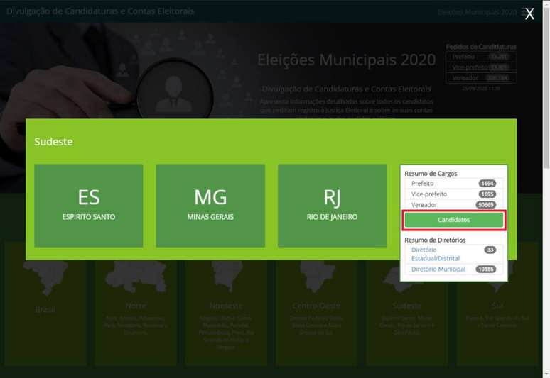 Passo 3: Ao passar o cursor do mouse por cima do Estado desejado, clique no botão "Candidatos" que aparecer.