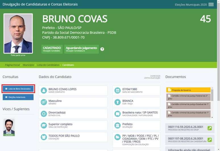 Passo 6: No perfil do candidato, clique no botão "Lista de Bens Declarados" para analisar o patrimônio.