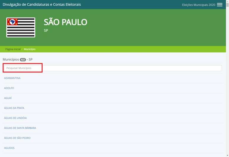 Passo 4: Procure o nome da cidade desejada ou digite na barra de busca o nome do município e clique nele.