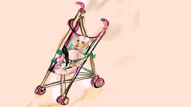 Ilustra&ccedil;&atilde;o de boneca no carrinho