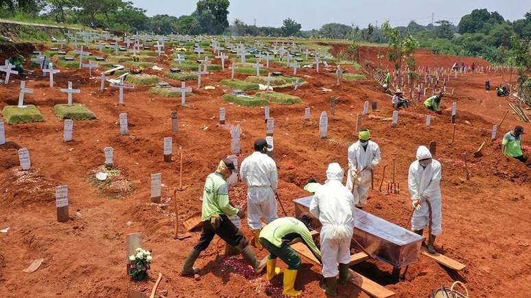 Vítima de coronavírus é enterrrada em Jacarta, na Indonesia.