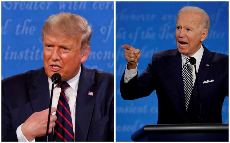 Imagem combinada do presidente dos EUA, Donald Trump e deu rival democrata na eleição presidencial deste ano, o ex-presidente Joe Biden durante debate. 29/9/2020. REUTERS/Brian Snyder