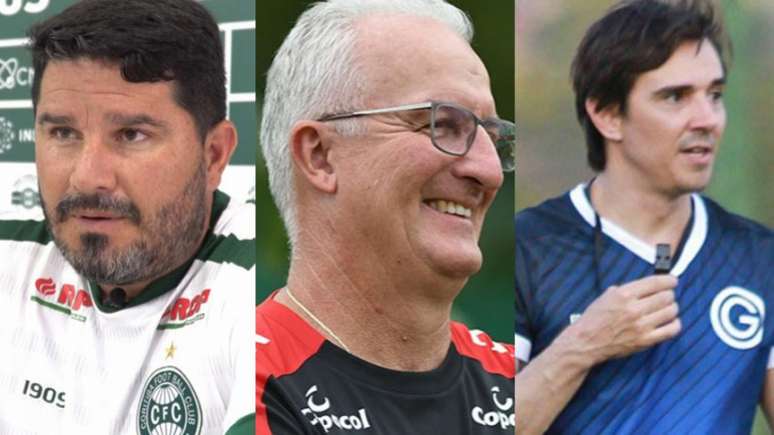 Eduardo Barroca, Dorival Junior e Thiago Larghi foram demitidos durante este Brasileirão (Divulgação Coritiba; Miguel Locatelli/Athletico; Divulgação/Goiás)