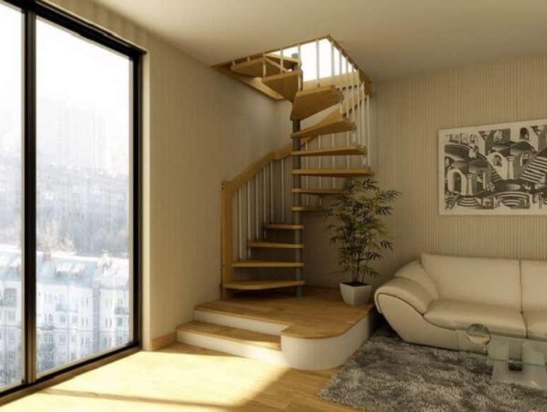 51. Escada com design em espiral para acesso ao piso superior. Fonte: Pinterest