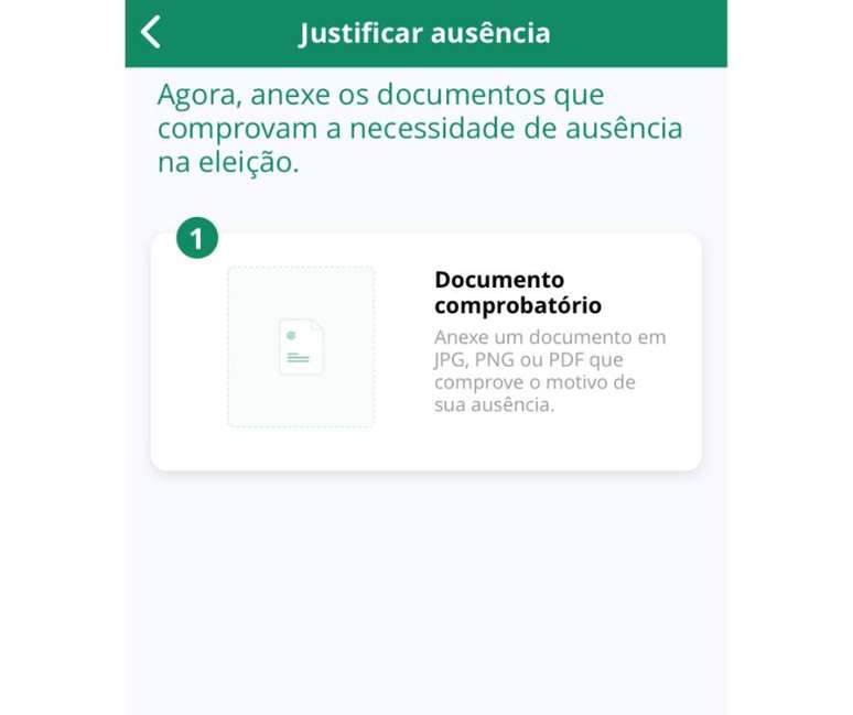 Tela do aplicativo E-Título para anexar documentos que comprovem a ausência em eleições.