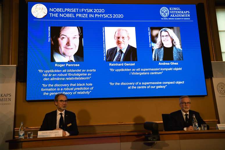 David Haviland, membro do comitê do Prêmio Nobel de Física, e o secretário-geral da Real Academia Sueca de Ciências, Goran K Hansson, anunciam vencedores do Prêmio Nobel de Física de 2020 em Estocolmo
06/10/2020 TT News Agency/Fredrik Sandberg via REUTERS 
