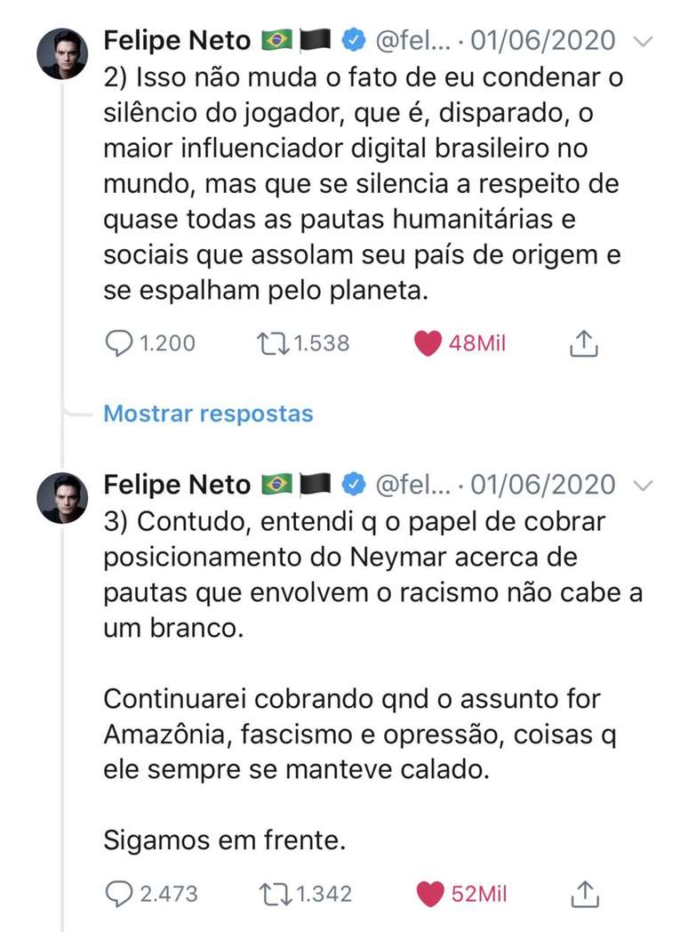 Felipe Neto argumentou que não tem lugar de fala quando o assunto é racismo