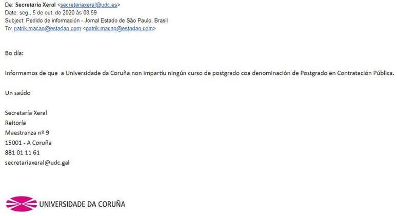 Em email, universidade informa não tem "nenhum curso de pós-graduação com a denominação pós-graduação em Contratação Pública"