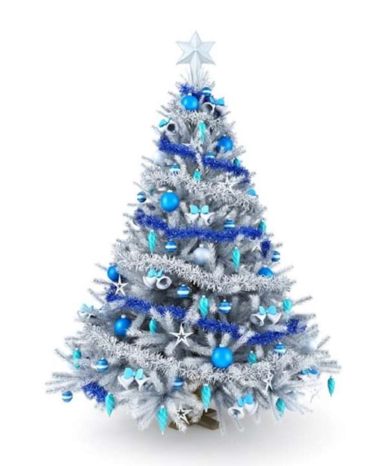 48. Modelo de &aacute;rvore de natal branca e azul que voc&ecirc; pode encontrar no mercado. Fonte: Pinterest