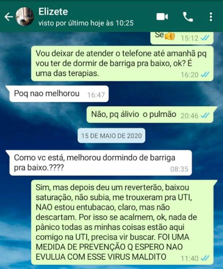 Últimas mensagens de Terezinha (nos balões verdes) enviadas à irmã, antes de ser intubada, em meados de maio