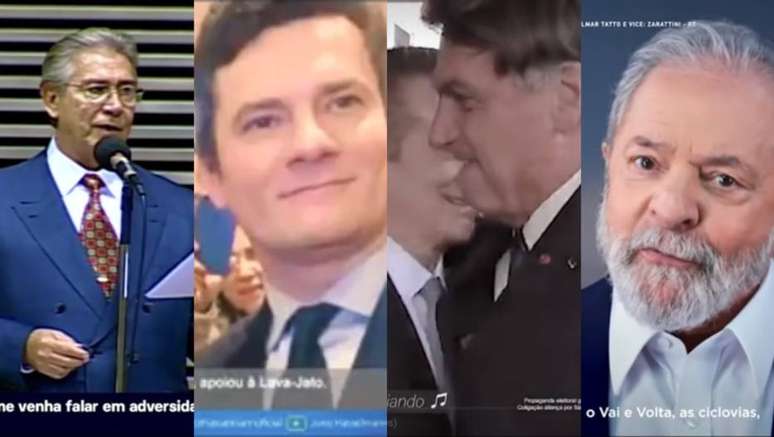 Mário Covas, Sérgio Moro, Jair Bolsonaro e Luiz Inácio Lula da Silva no horário político dos candidatos à Prefeitura de SP em 2020