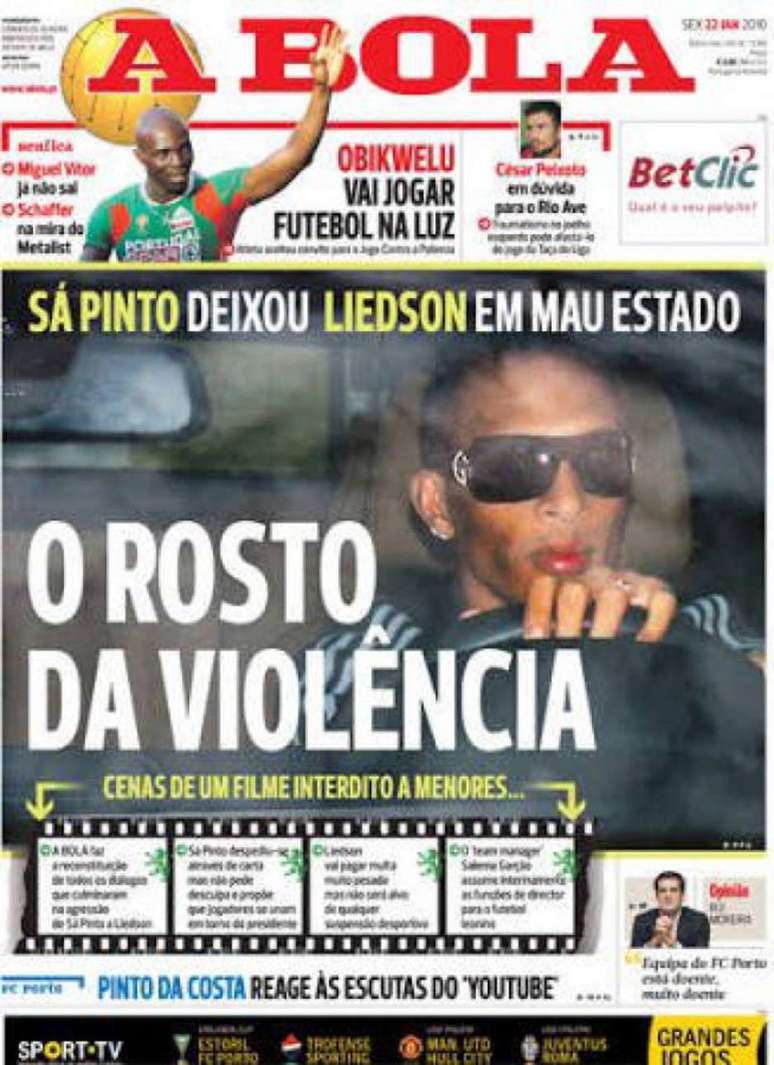 Capa do jornal portugu&ecirc;s A Bola relata epis&oacute;dio de agress&atilde;o entre Ricardo S&aacute; Pinto e Liedson.