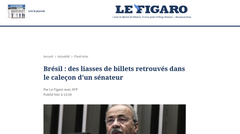 "Brasil: maços de notas encontrados na cueca de um senador", no Le Figaro