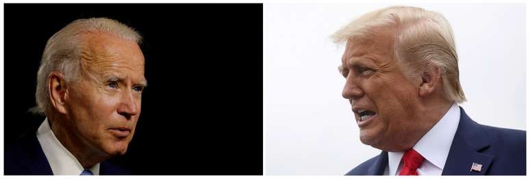 Os candidatos à presidência dos EUA, o democrata Joe Biden e o republicano Donald Trump. 12/8/2020 e 1/9/2020. REUTERS/Carlos Barria/Leah Millis