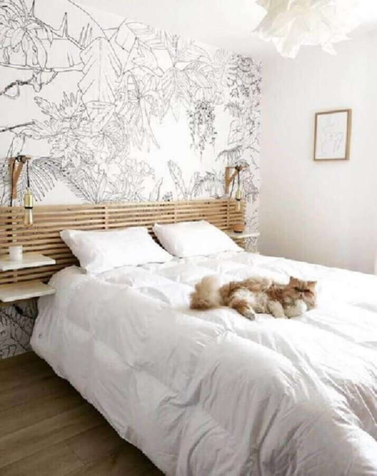45. Papel de parede para decoração de quarto com luminária de cabeceira para leitura de madeira – Foto: Pinterest